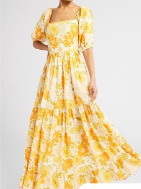 Sunshine Floral Square-Neck Maxi Dress with Puff Sleeves